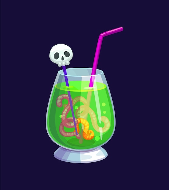Bebida de cóctel de fiesta de Halloween Vector aislado siniestro sorbo de pantano bebida verde espeluznante con adorno de gusano gomoso de paja de cráneo retorciéndose en un brebaje misterioso una bebida navideña espeluznante