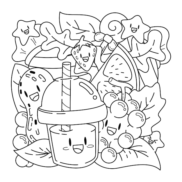 Bebida para colorear página kawaii ilustración