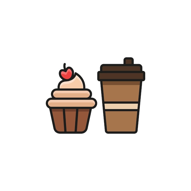 Bebida y cupcake conjunto de alimentos icono vectorial diseño básico