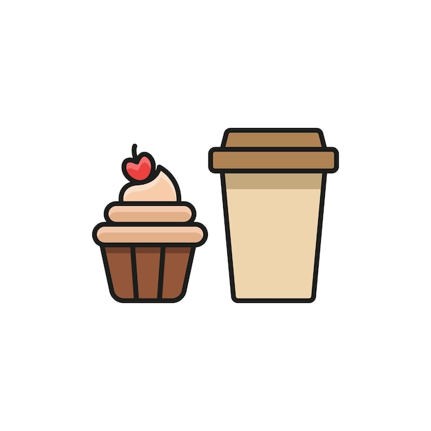 Bebida y cupcake conjunto de alimentos icono vectorial diseño básico