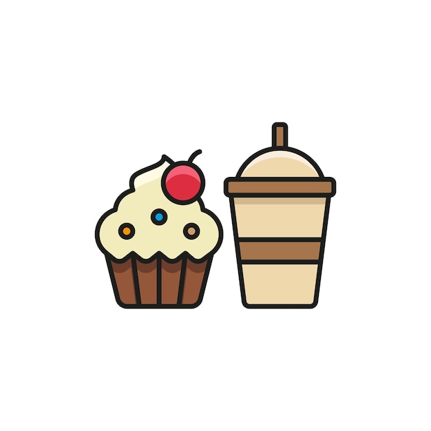 Bebida y cupcake conjunto de alimentos icono vectorial diseño básico