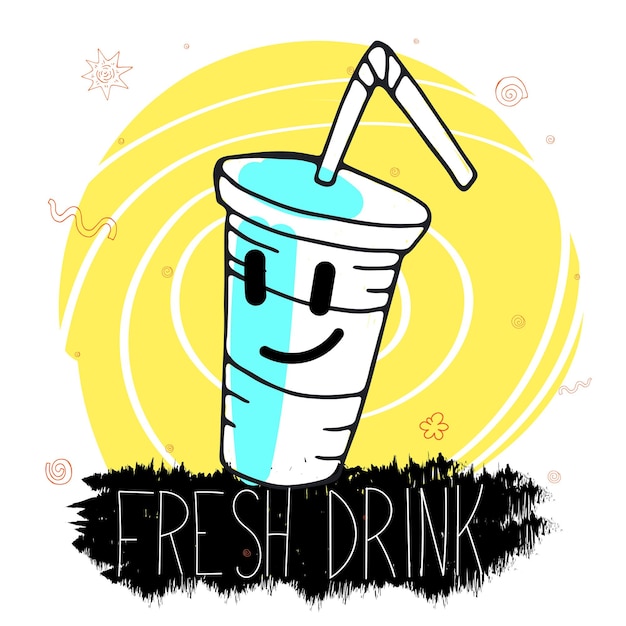 Bebida fresca Ilustración de vector de verano con inscripción de taza divertida de dibujos animados