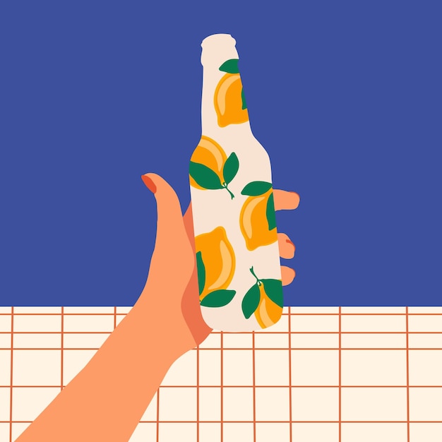 Vector una bebida fresca en la mano limón ilustración abstracta de una botella bebida con sabor a limón verano