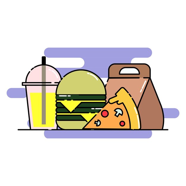 Vector bebida fría con limón, soda, pizza, hamburguesa de queso doble, bolsa de papel para llevar, comida rápida, ilustración linda.