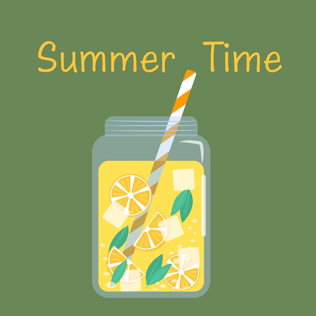 Bebida fría, limonada sobre un fondo verde. ilustración de vector de horario de verano. estilo de dibujos animados