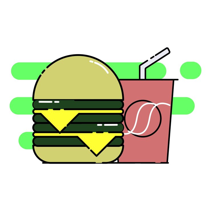 Vector bebida fría de soda kawaii con hamburguesa de queso doble estilo de dibujos animados ilustración de icono vectorial