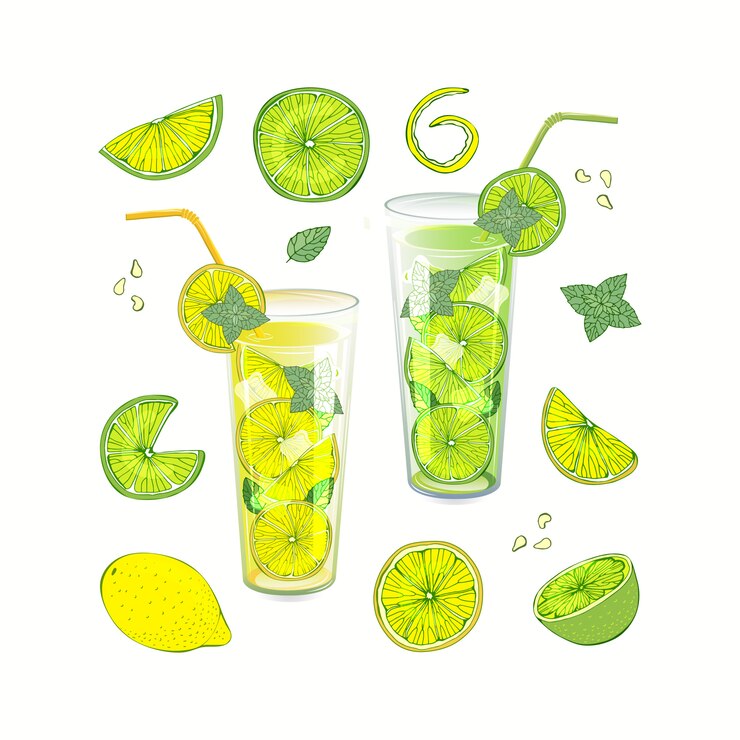 Vector bebida de frutas de verano. limonada y mojito se vierten en diferentes platos. limón y lima cortados en rodajas diferentes.