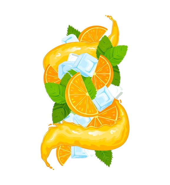 Vector bebida jugosa de naranja salpicada con jugo de estilo plano cubos de hielo de onda de lima y hojas de menta