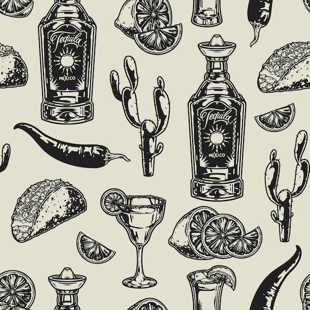 Bebida mexicana monocromática con patrón sin costuras