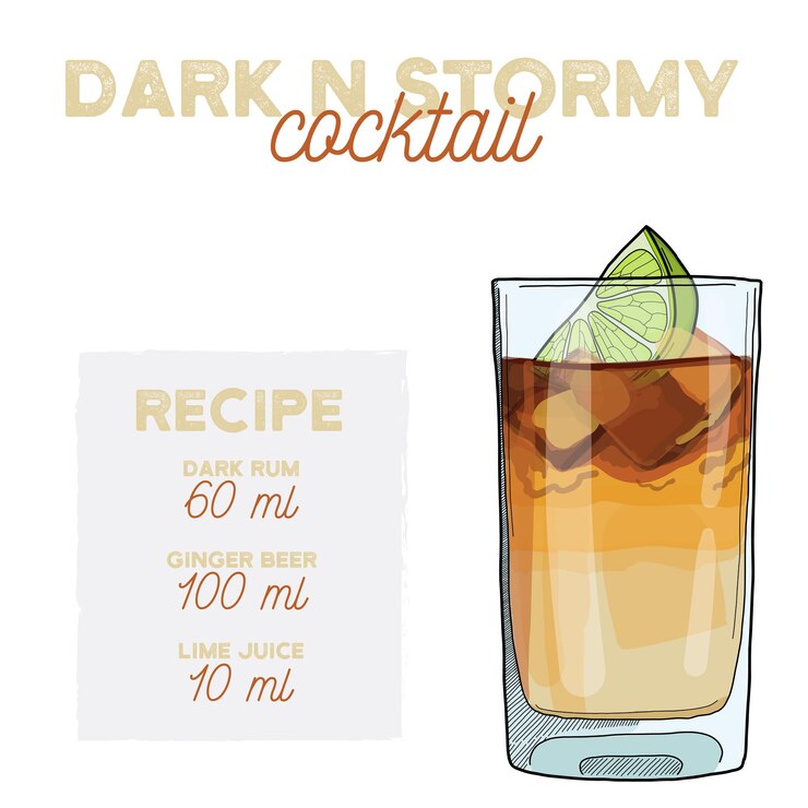 Vector bebida de receta de ilustración de cóctel dark n stormy con ingredientes