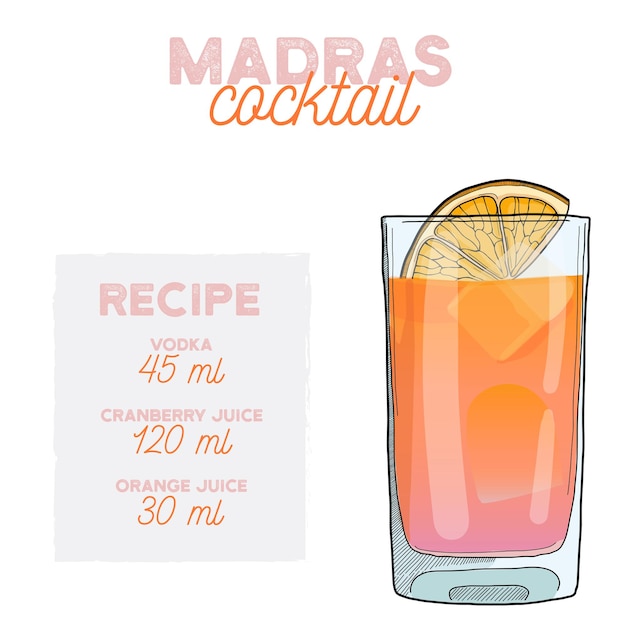 Bebida de receta de ilustración de cóctel de madras con ingredientes