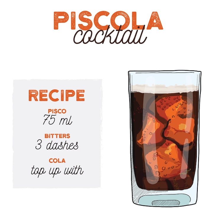 Vector bebida de receta de ilustración de cóctel de piscola con ingredientes