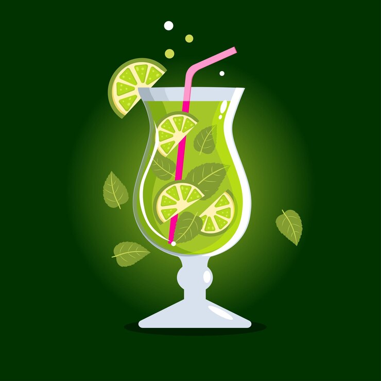 bebida refrescante mojito en un vaso con hojas de lima y menta