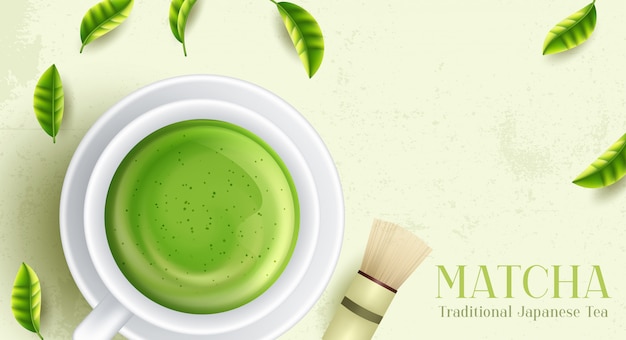 Vector bebida de té verde matcha y accesorios de té. concepto de ceremonia japonesa del té.