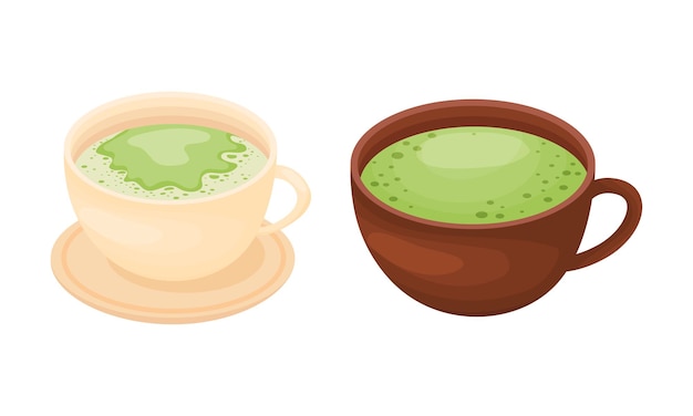 Bebida de té verde Matcha vertida en un conjunto vectorial de taza
