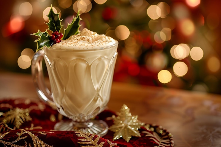Vector bebida tradicional de navidad de ponche de huevo con dulces y especias vista superior foco selectivo hada borrosa