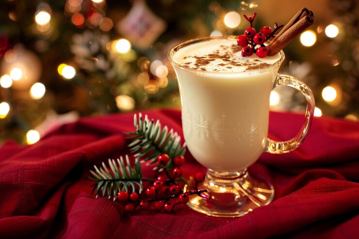 Vector bebida tradicional de navidad de ponche de huevo con dulces y especias vista superior foco selectivo hada borrosa