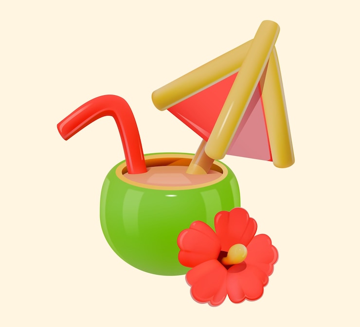 Vector bebida tropical 3d en coco con paja y paraguas