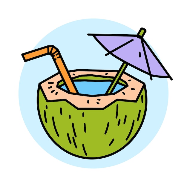Bebida tropical de coco con paraguas e ilustración de paja