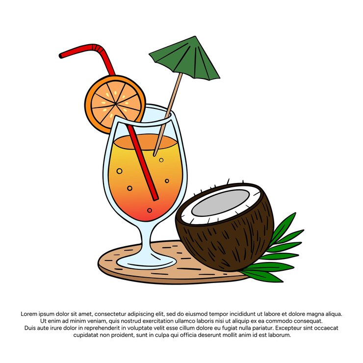 Vector bebida de verano cóctel elemento de fiesta de playa con coco bebida jugosa con paraguas de paja