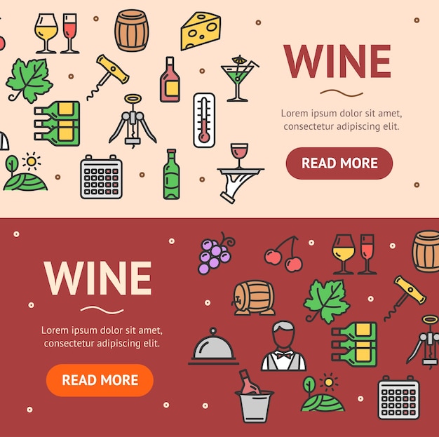 Bebida de vino banner conjunto horizontal vector