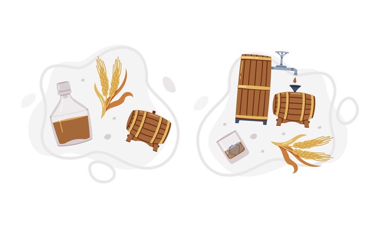 Vector bebida de whisky en barril de madera para almacenamiento y conjunto de composición vectorial de espikelets de cebada