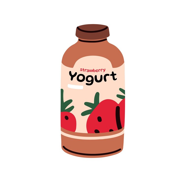 Vector bebida de yogur en botella bebida láctea de leche sabor a fresa postre natural en paquete desayuno comida sabor a bayas bocadillo probiótico fresco ilustración vectorial plana aislada sobre fondo blanco