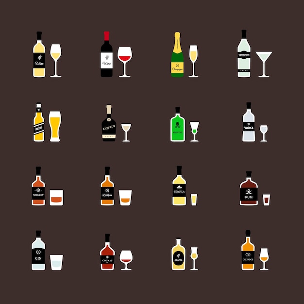 Vector bebidas alcohólicas: botellas y vasos recomendados. conjunto de iconos planos.