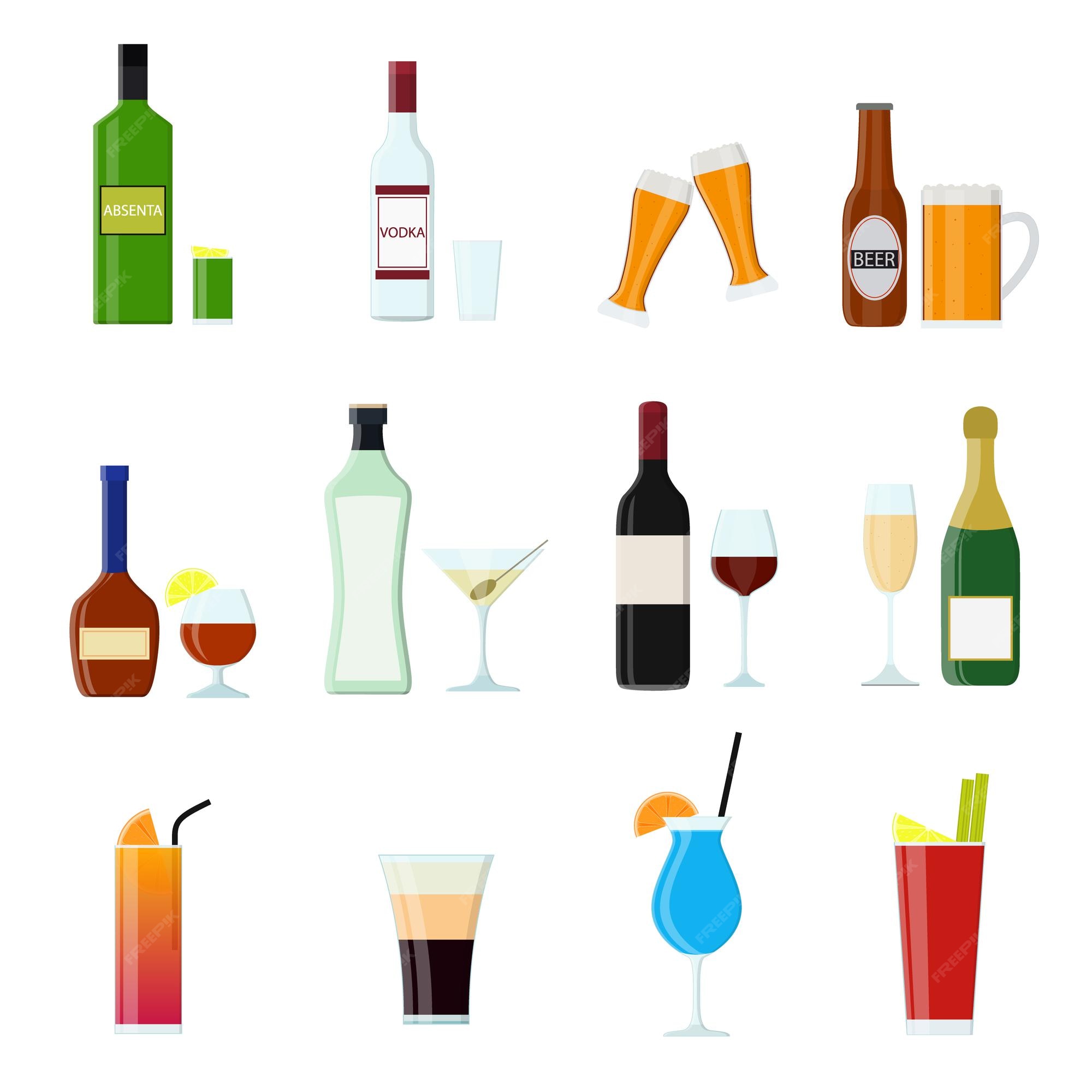 Bebidas alcohólicas de dibujos animados, bebida sabrosa, iconos de colores  establecidos para el diseño de estilo plano de bar, pub y restaurante de  celebración. ilustración vectorial | Vector Premium