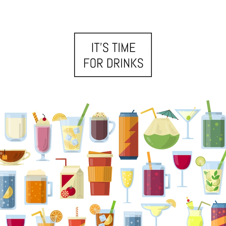 Vector bebidas alcohólicas en vasos y botellas y con copyspace.