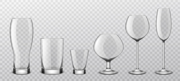 Vector bebidas alcohólicas vasos de cristal realistas. cóctel de alcohol realista, copas de cristal de vino, copa de cerveza y trago de bebida fuerte. utensilios vacíos para el vector de líquidos aislado en el conjunto de fondo transparente