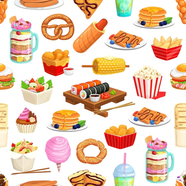 Bebidas de bocadillos de patrones sin fisuras de comida rápida de dibujos animados