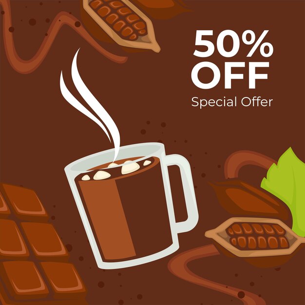 Bebidas de cacao y chocolate caliente en taza descuentos y rebajas en cafetería. sabrosa bebida dulce y caliente. 50 por ciento de descuento. descuentos en pancartas o carteles promocionales, cafeterías o restaurantes. vector en plano