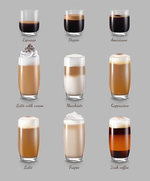 Bebidas de café conjunto realista con latte y capuchino ilustración vectorial aislada