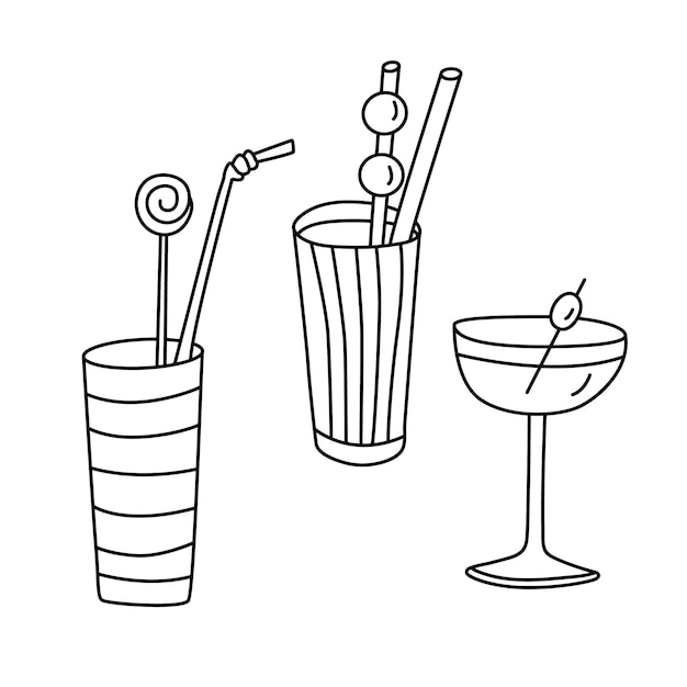 Bebidas cócteles dibujado a mano doodle vector ilustración contorno negro