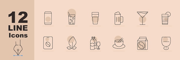 Bebidas conjunto icono Soda puede beber vidrio cerveza taza cóctel jugo café aplicación planta de café botella de vino cuenco con palillos café cartón vaso de vino bebidas bebidas alimentos