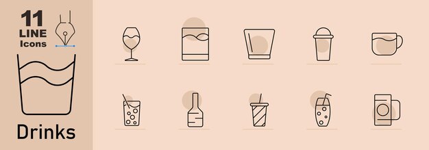 Bebidas conjunto icono Vino vaso whisky vaso cóctel soda taza de agua botella de té taza de soda con paja botella de licor caja de jugo bebida con taza de cerveza helada