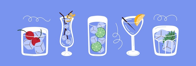 Bebidas de dibujos animados coloridos en diferentes tipos de vasos sobre un fondo azul