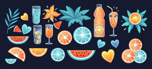 Bebidas de frutas sandía cítricos rebanadas hojas tropicales corazones fondo oscuro