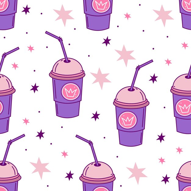 Bebidas gaseosas taza de batido con patrón vectorial de comida para llevar de paja al estilo de Barbie