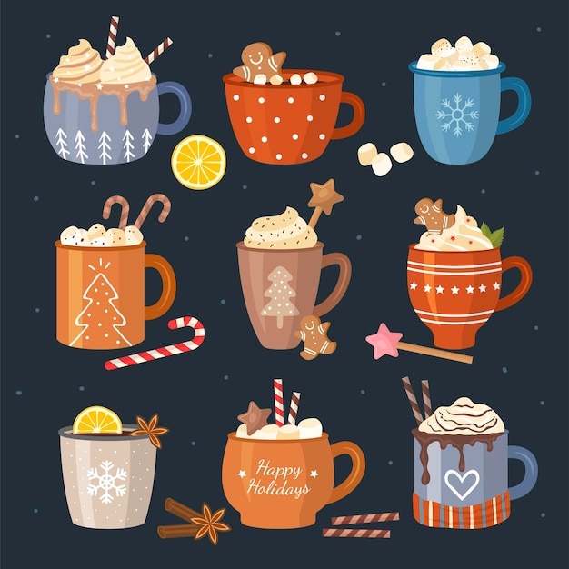 Bebidas de invierno bebidas celebración navideña comida líquida café té capuchino con malvaviscos tazas decorativas recientes ilustraciones planas vectoriales