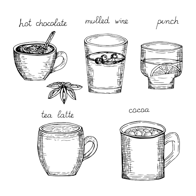 Bebidas de otoño e invierno set vector ilustración mano dibujo boceto