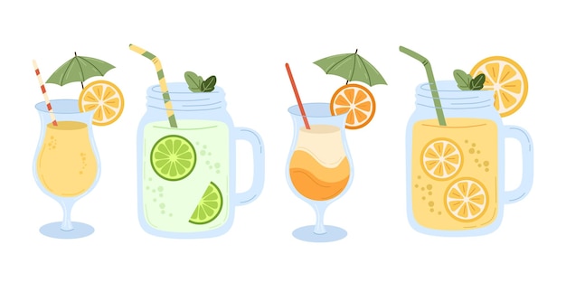 Bebidas tropicales de verano conjunto de ilustraciones vectoriales con cócteles frascos de albañil rebanadas de cítricos pajitas