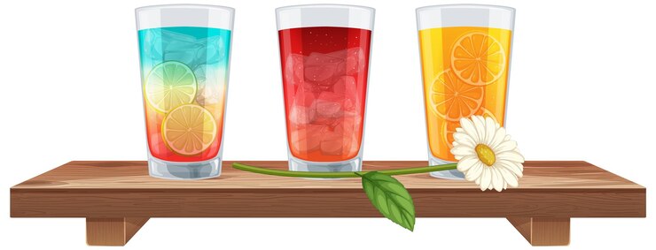 Vector bebidas de verano coloridas en estanterías de madera