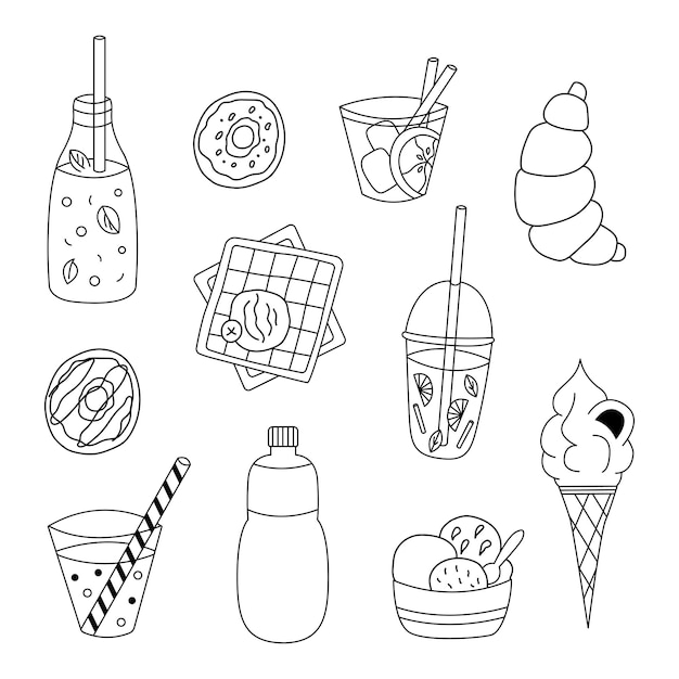 Bebidas de verano y postres juego de garabates limonadas cócteles botella de agua helados gofreros rosquillas croissant soda Ilustración dibujada a mano aislada sobre fondo blanco