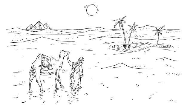 Beduinos y camellos van al oasis en el desierto vintage vector grabado negro