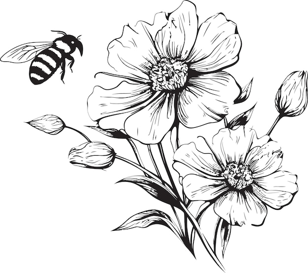 Bee Blooms Minimalista Negro Vector Bud de la Flor y el Icono de la Abeja Jardín Gracia Vector de la Flor Bud y la Abeja L