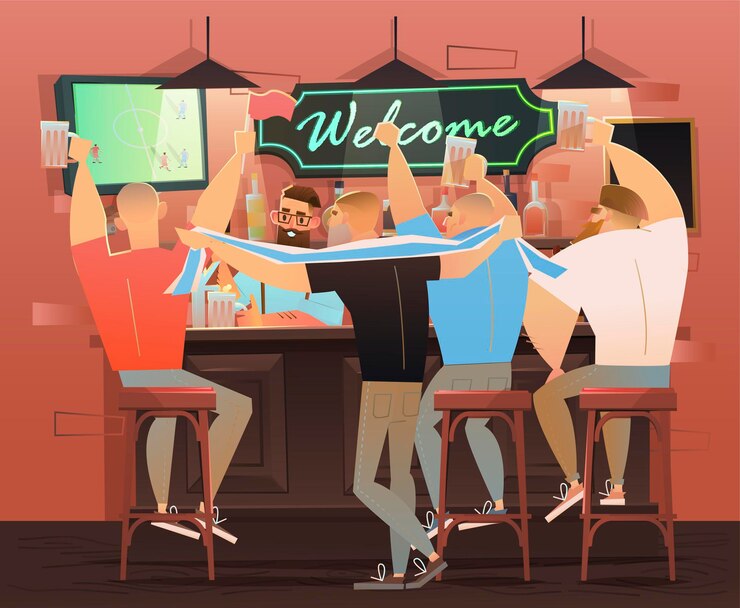 Vector beer bar: restaurante. los fanáticos del fútbol celebran la victoria. partido de fútbol, bar con bartender, bebidas alcohólicas y amigos.