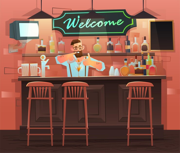 Vector beer bar: restaurante. interior con barra de bar, sillas de bar y estantes con alcohol. camarero en el mostrador trabaja