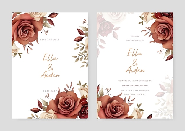 Beige y marrón rosa rústica hermosa plantilla de tarjeta de invitación de boda con flores y floral